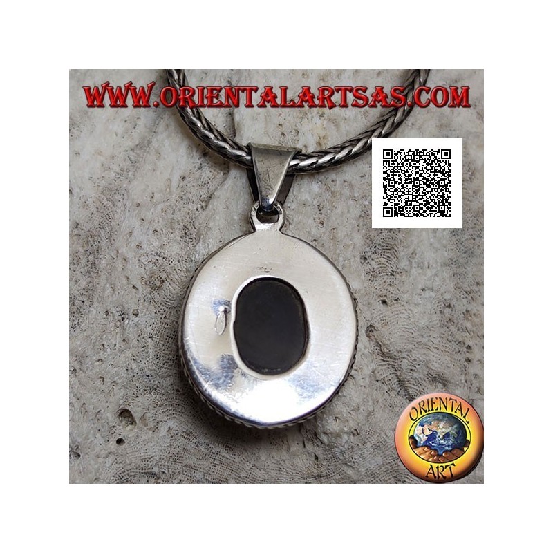 Pendentif en argent avec cabochon ovale quartz tourmaliné entouré de tissage