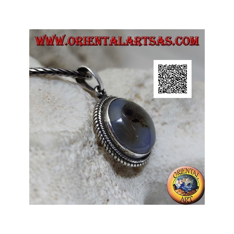 Pendentif en argent avec cabochon ovale quartz tourmaliné entouré de tissage