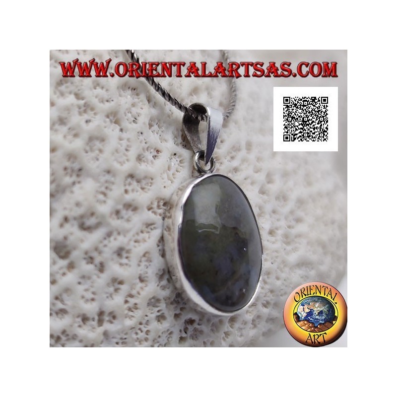 Ciondolo in argento con agata muschiata ovale cabochon con cornice liscia