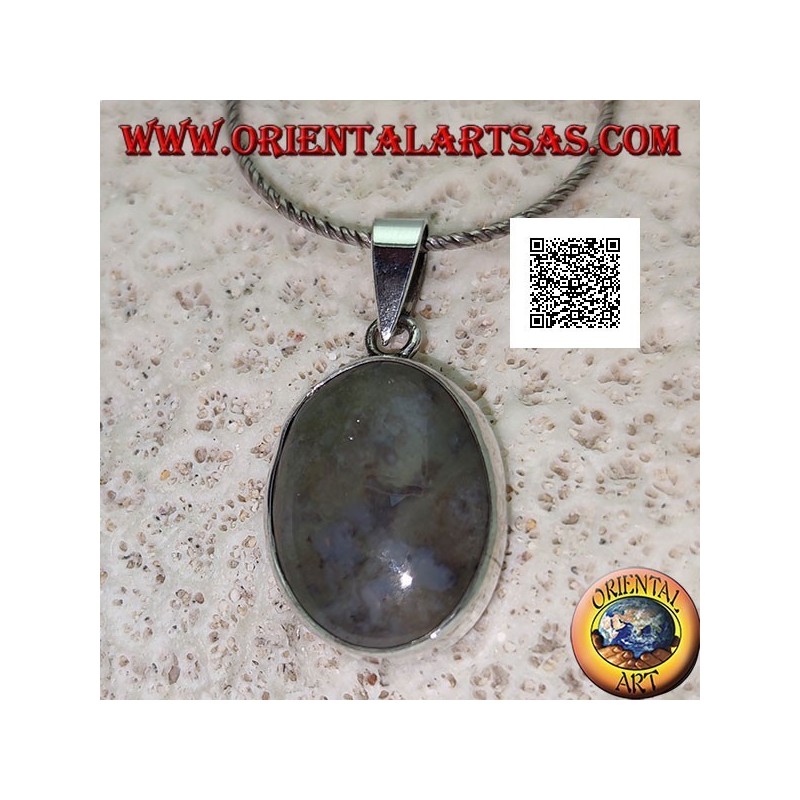 Silver pendant with oval cabochon moss agate with smooth frame