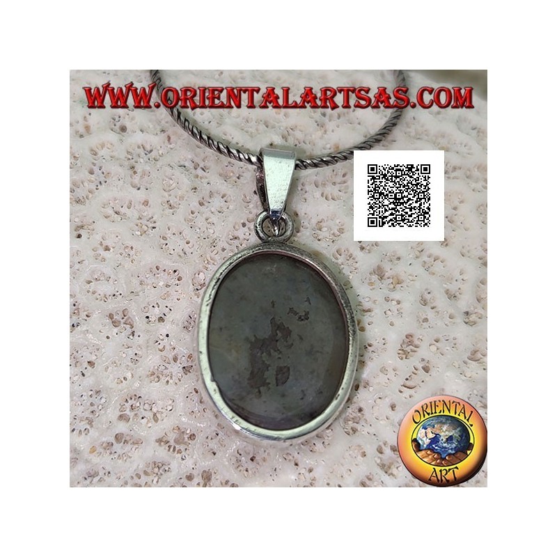 Pendentif en argent avec agate mousse cabochon ovale avec cadre lisse