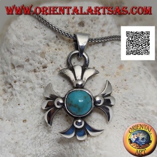 Silver Greek cross pendant with central round Tibetan antique turquoise and lily arms