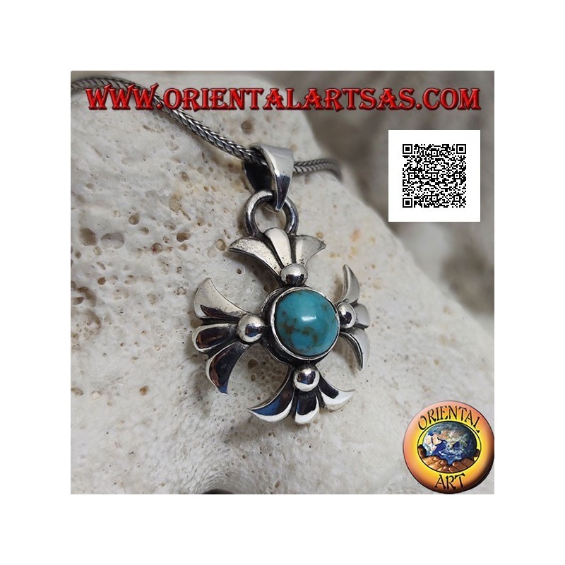 Silver Greek cross pendant with central round Tibetan antique turquoise and lily arms