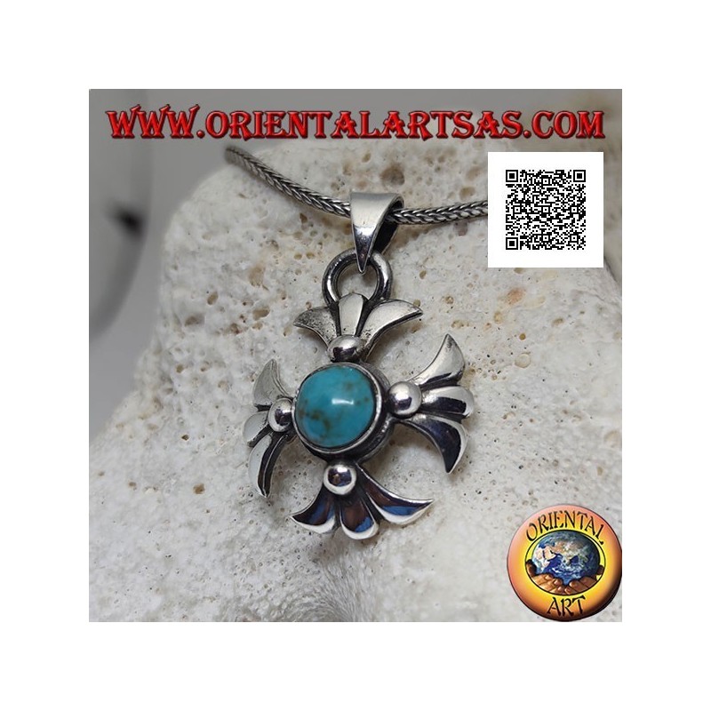 Silver Greek cross pendant with central round Tibetan antique turquoise and lily arms