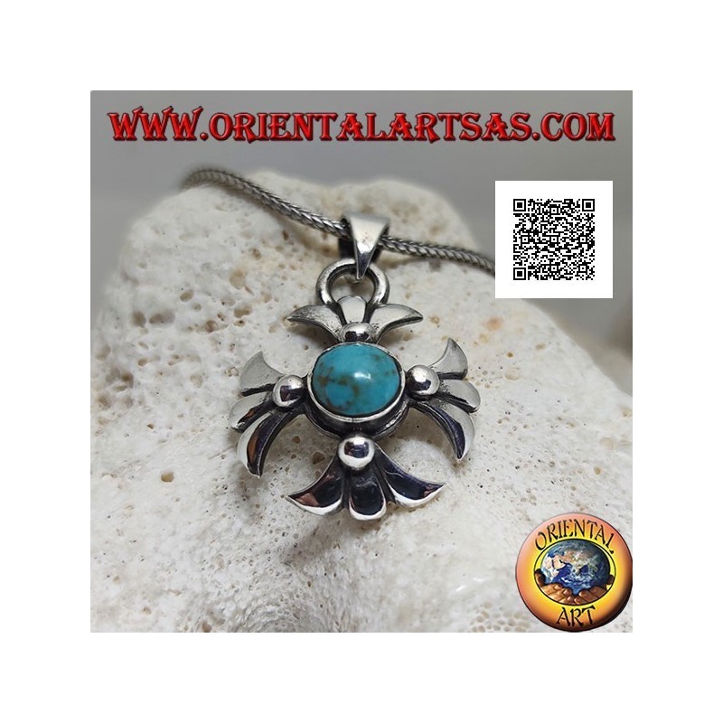 Pendentif croix grecque en argent avec bras central ronde tibétaine antique turquoise et lys