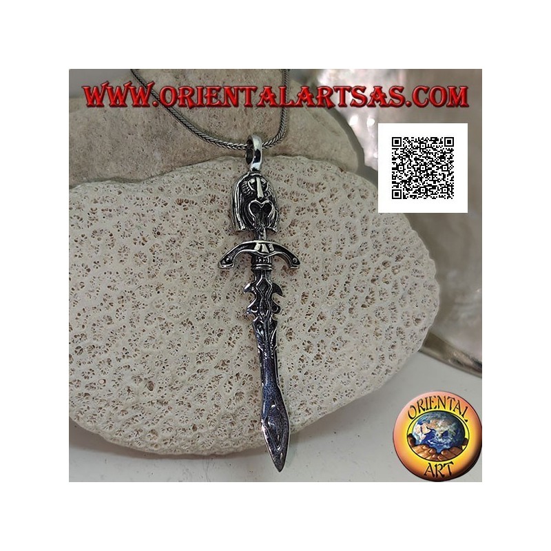 Silver sword pendant with double ratchets, guard and Inca face on the handle