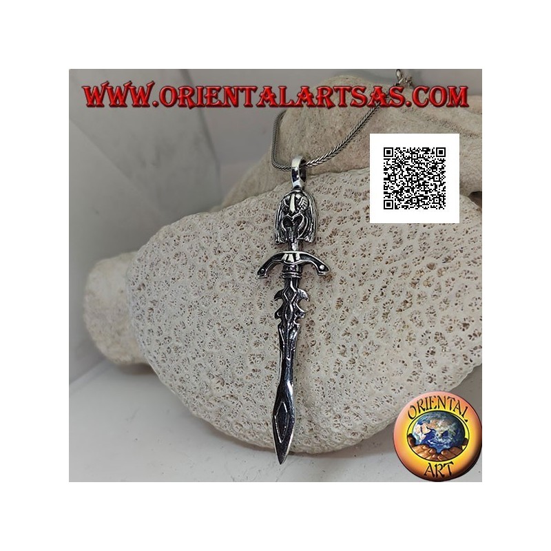 Silver sword pendant with double ratchets, guard and Inca face on the handle