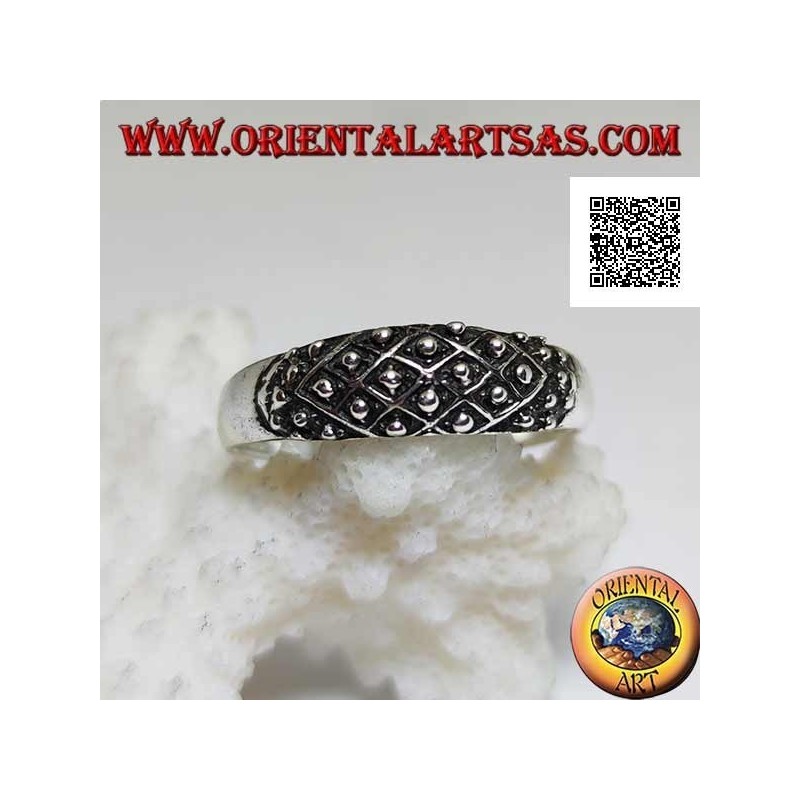Silver band ring with rhomboid weaving and embossed balls