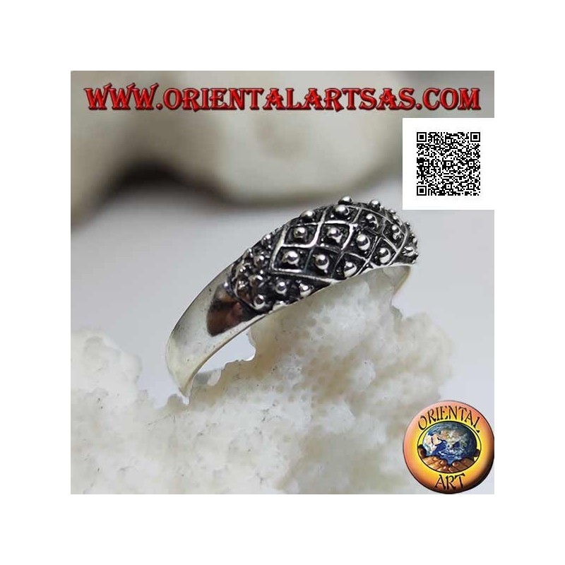 Silver band ring with rhomboid weaving and embossed balls