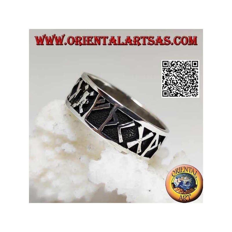 Silver ring with bas-relief Nordic runes