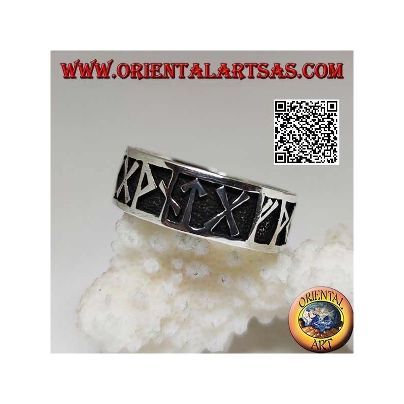 Silver ring with bas-relief Nordic runes