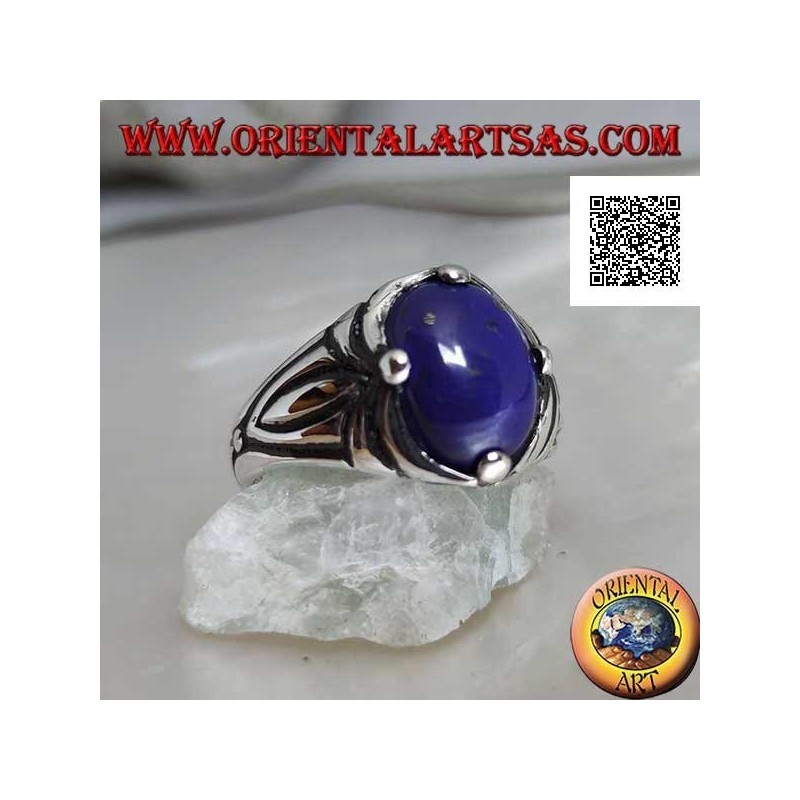 Silver ring with oval cabochon lapis lazuli set at 4 and engravings on the sides