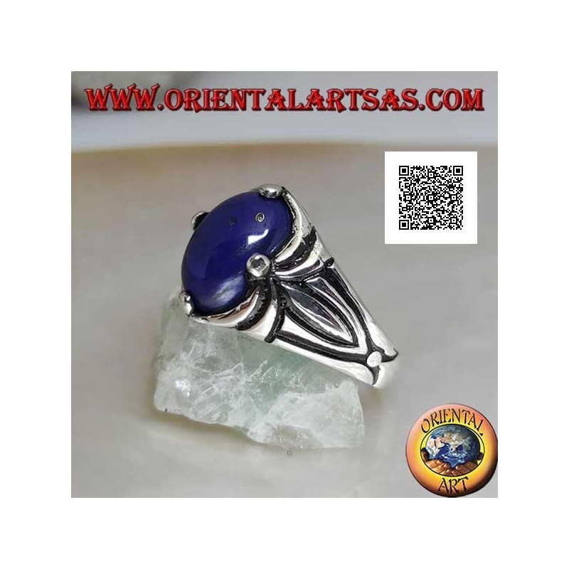 Silver ring with oval cabochon lapis lazuli set at 4 and engravings on the sides