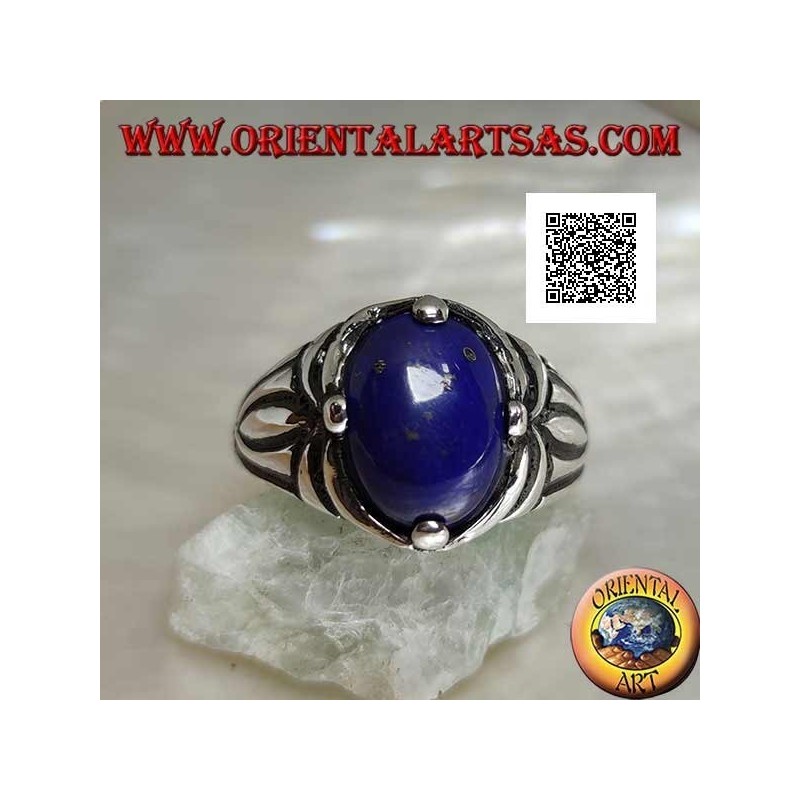 Silver ring with oval cabochon lapis lazuli set at 4 and engravings on the sides