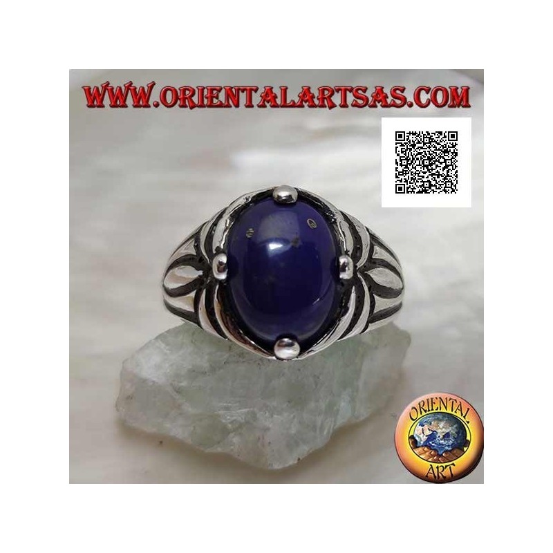 Anello in argento con lapislazzulo ovale cabochon incastonato a 4 e incisioni sui lati