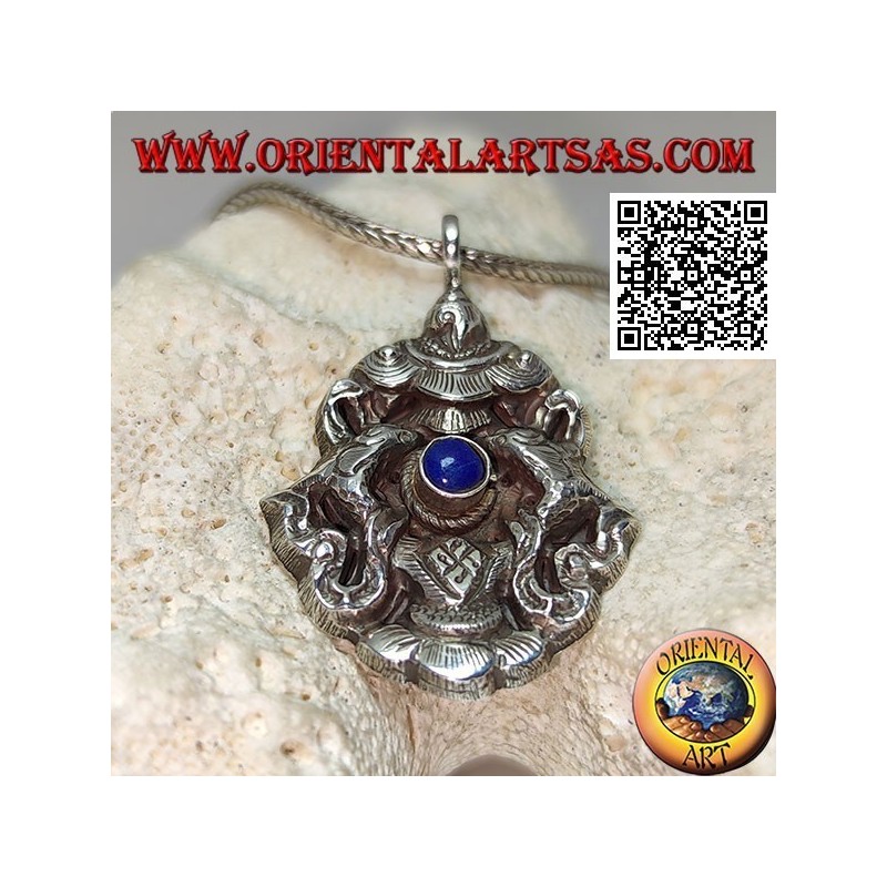 Ciondolo in argento Aṣṭamaṃgala  gli otto simboli del buon auspicio con lapislazzulo