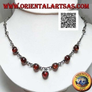 Collana in argento 925 ‰ a girocollo, a catena di maglie miste e 7 ambra tonde cabochon centrali