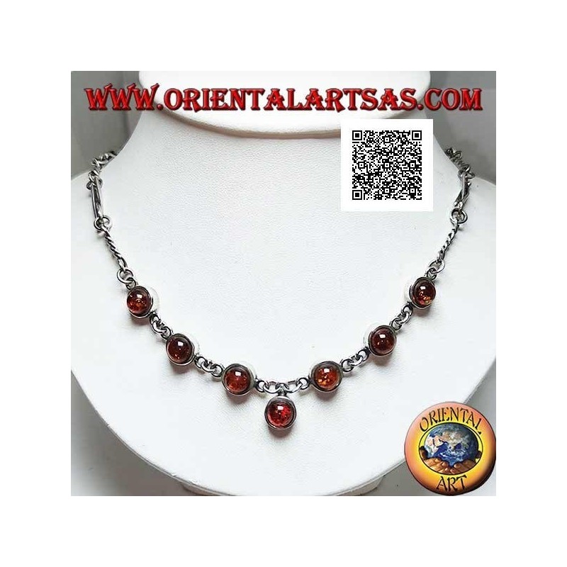 925 ‰ silver choker necklace with mixed links chain and 7 central round cabochon amber