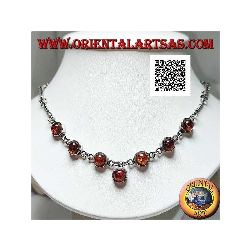 925 ‰ silver choker necklace with mixed links chain and 7 central round cabochon amber