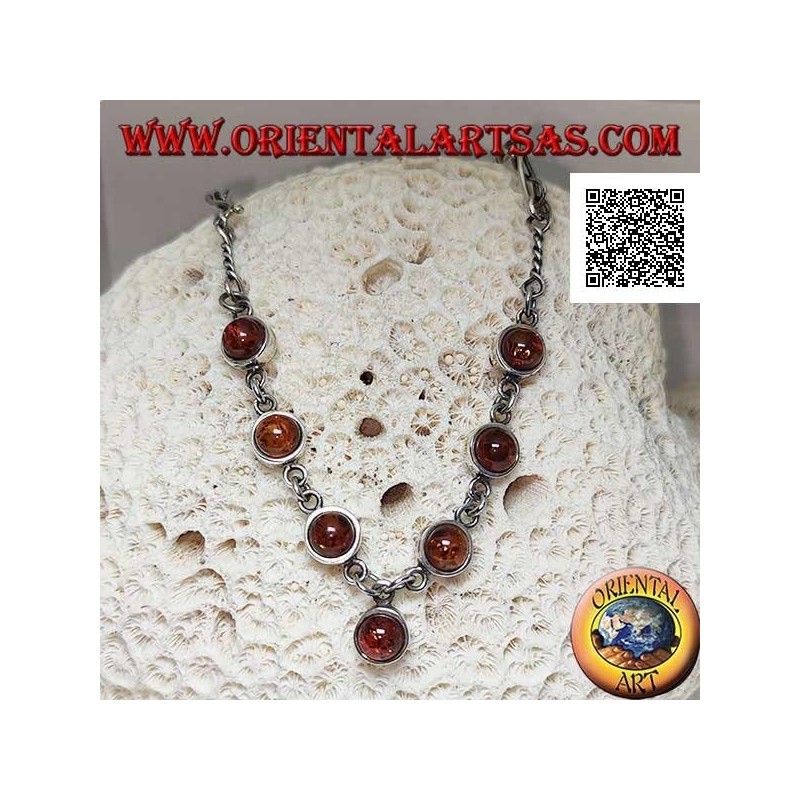925 ‰ silver choker necklace with mixed links chain and 7 central round cabochon amber