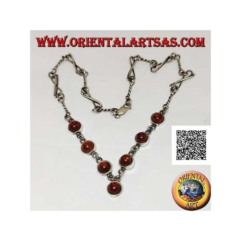 Collana in argento 925 ‰ a girocollo, a catena di maglie miste e 7 ambra tonde cabochon centrali