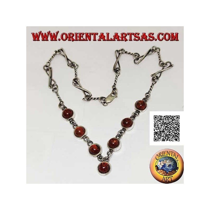 925 ‰ silberne Chokerhalskette mit gemischter Gliederkette und 7 zentralen runden Cabochon-Bernsteinen