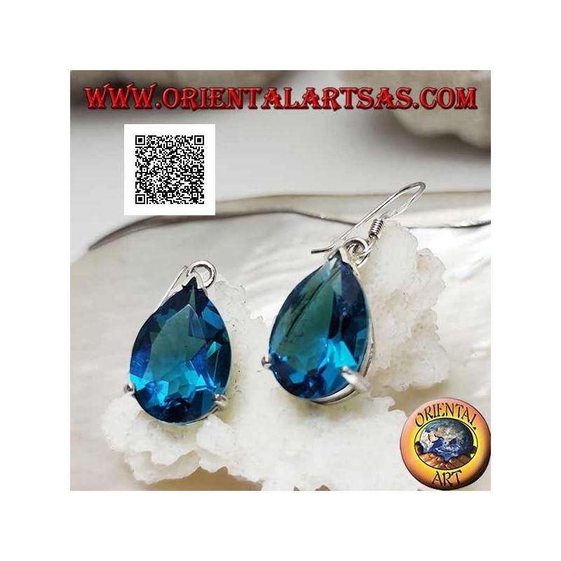 Orecchini in argento pendenti con goccia di topazio azzurro grande incastonata da montatura semplice