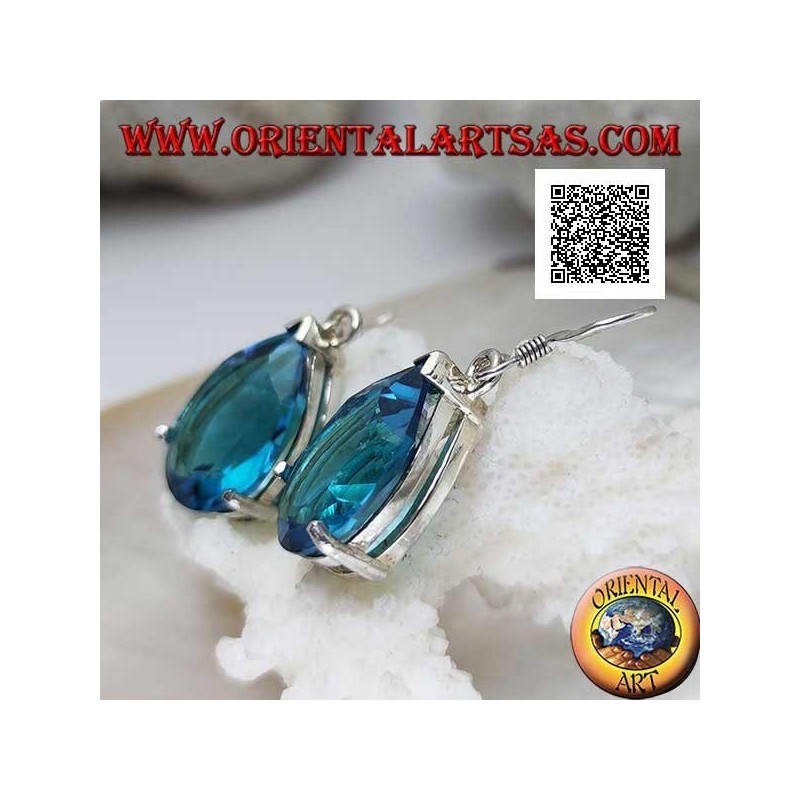 Silver drop earrings with large blue topaz drop set in a simple setting