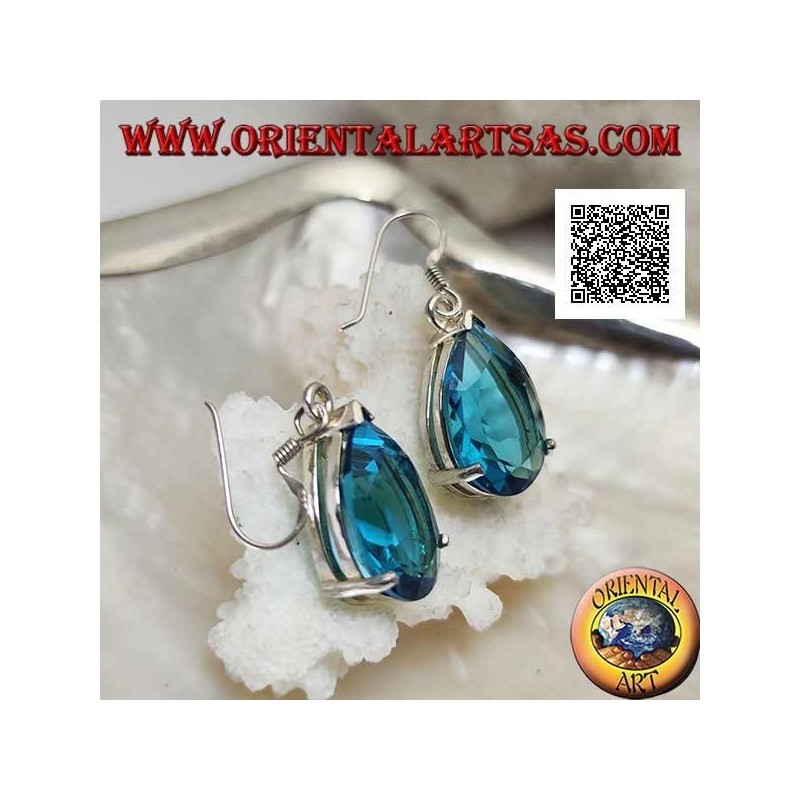 Silver drop earrings with large blue topaz drop set in a simple setting