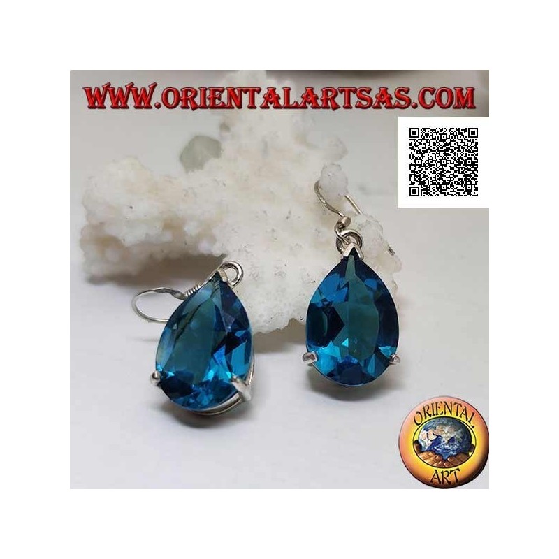 Boucles d'oreilles pendantes en argent avec une grande goutte de topaze bleue sertie dans un sertissage simple