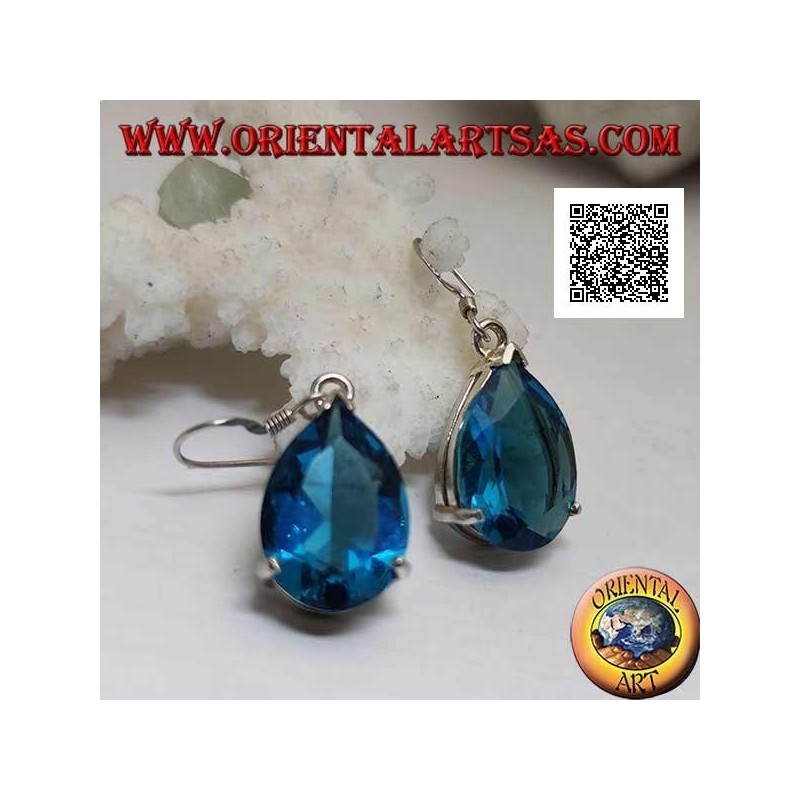 Orecchini in argento pendenti con goccia di topazio azzurro grande incastonata da montatura semplice