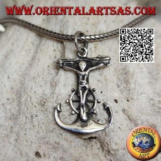 Pendentif en argent en forme d'ancre avec gouvernail et crucifix chrétien