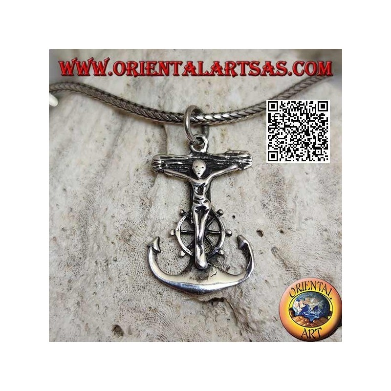 Pendentif en argent en forme d'ancre avec gouvernail et crucifix chrétien