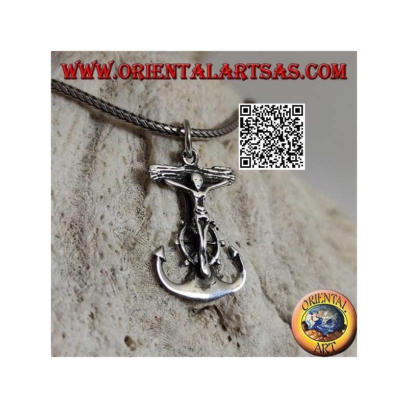 Silver pendant in the shape of an anchor with rudder and Christian crucifix