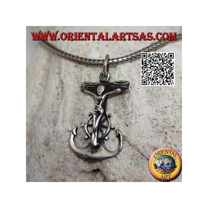 Silver pendant in the shape of an anchor with rudder and Christian crucifix