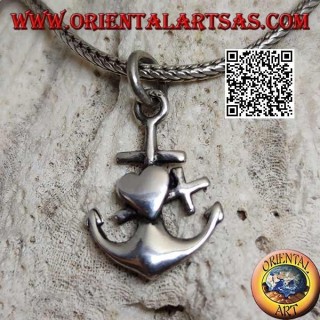 Pendentif en argent en forme d'ancre avec croix et coeur superposés