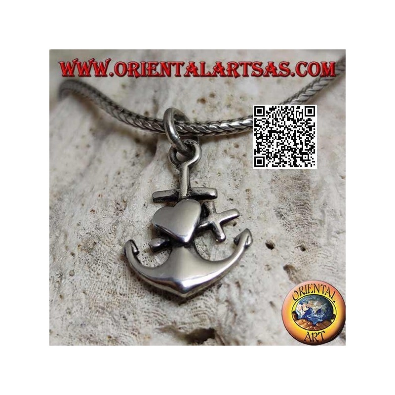 Silver pendant in the shape of an anchor with overlapping cross and heart