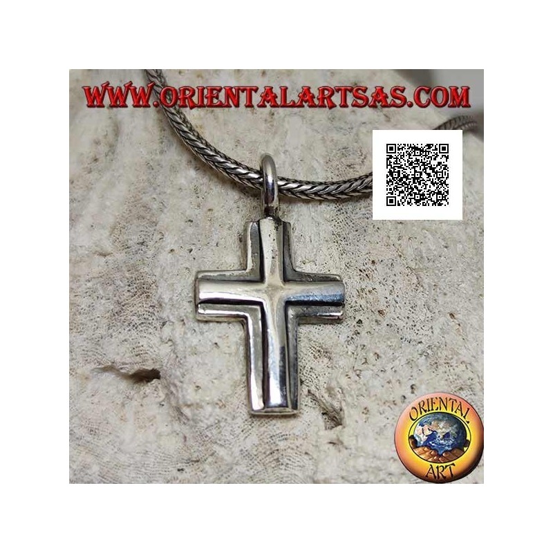 Pendentif en argent en forme de double croix chrétienne lisse superposée