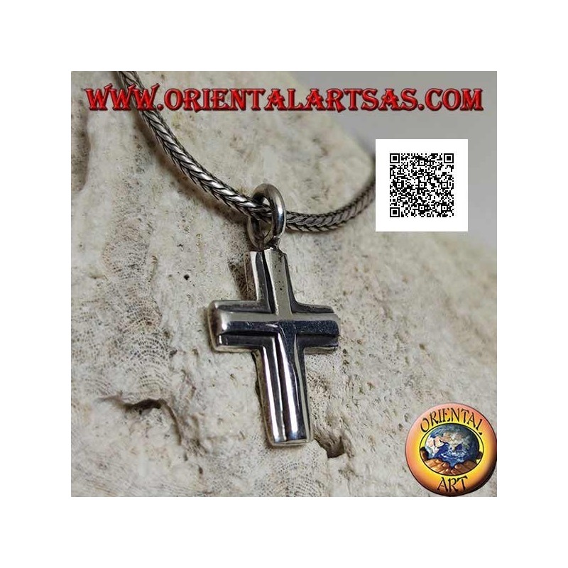 Ciondolo in argento a forma di doppia croce cristiana sovrapposta liscia