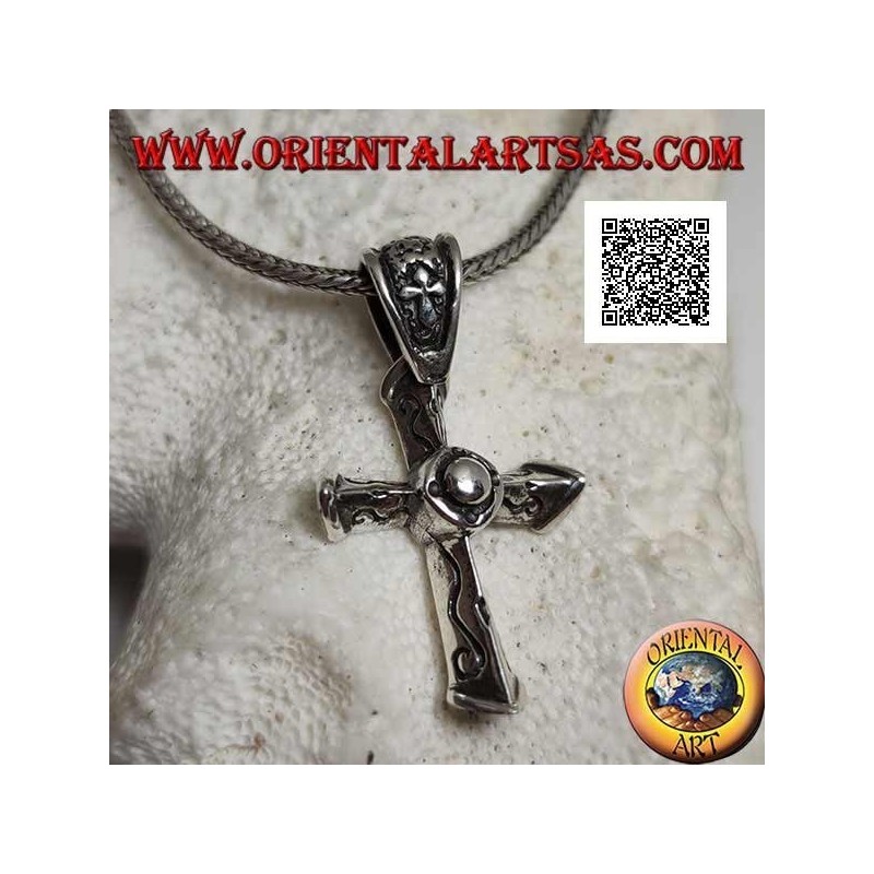 Silberanhänger dreidimensionales spitzes christliches Kreuz mit Gravuren an den 3 Kanten und Kreuz am Haken