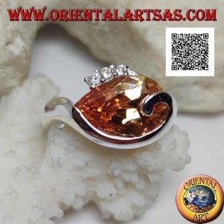Rhodium-plated silver ring with drop-shaped champagne zircon with curved line below and three zircons above