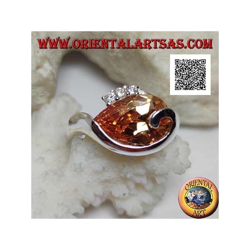 Anillo de plata con baño de rodio con circonitas champán en forma de gota con línea curva debajo y tres circonitas arriba