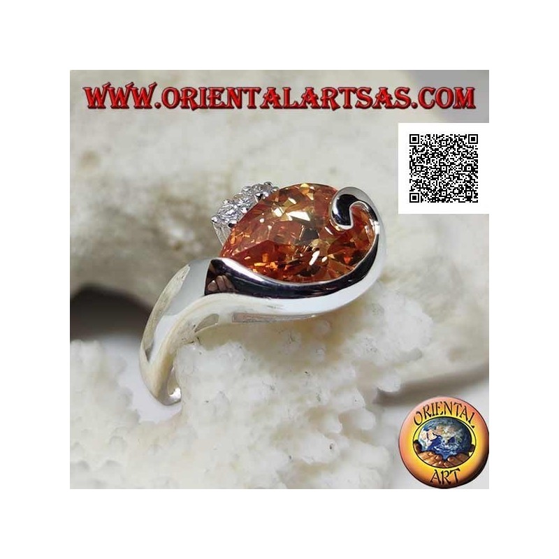 Rhodium-plated silver ring with drop-shaped champagne zircon with curved line below and three zircons above