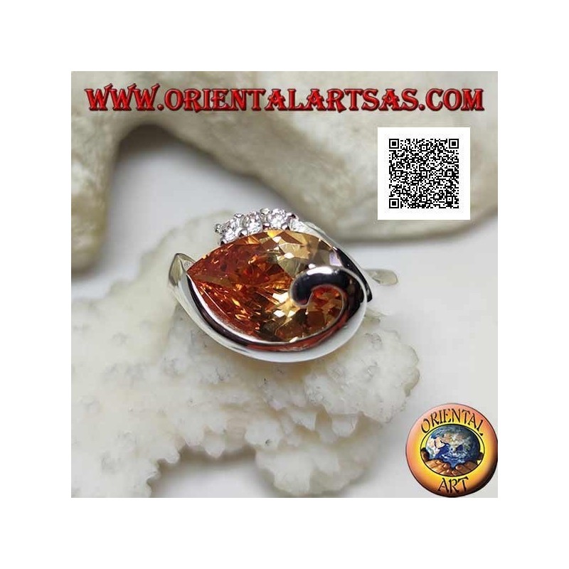 Rhodium-plated silver ring with drop-shaped champagne zircon with curved line below and three zircons above