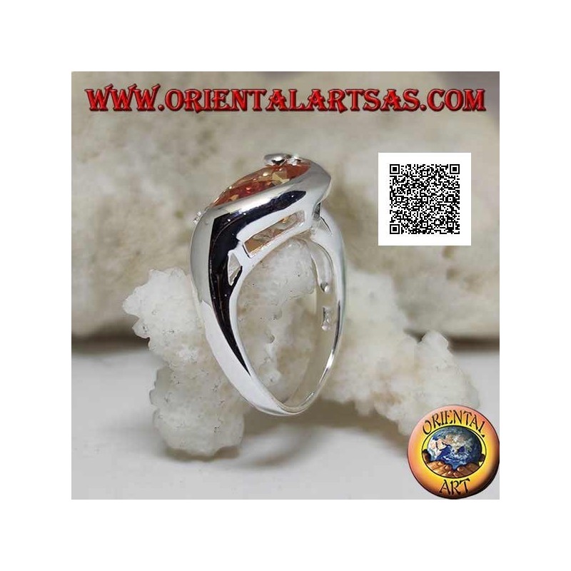 Rhodium-plated silver ring with drop-shaped champagne zircon with curved line below and three zircons above