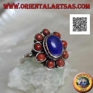 Bague en argent avec cabochon ovale lapis lazuli entouré de coraux tibétains (16)