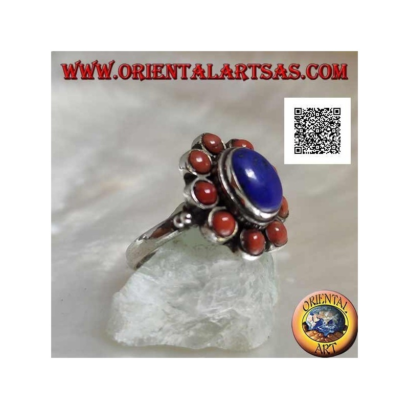 Anillo de plata con lapislázuli cabujón ovalado rodeado de corales tibetanos (16)