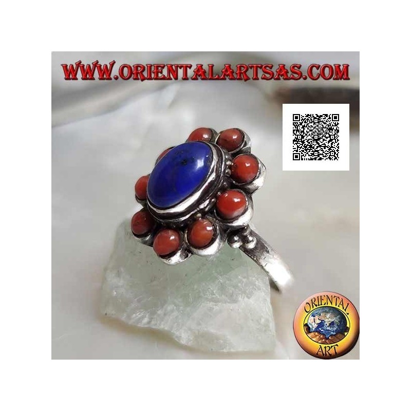 Silberring mit ovalem Cabochon Lapislazuli, umgeben von tibetischen Korallen (16)