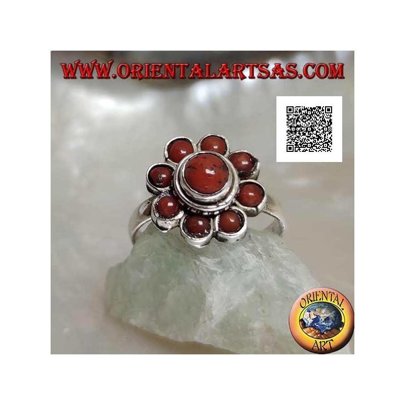 Pequeño anillo de plata en forma de margarita con antiguos corales tibetanos (11)