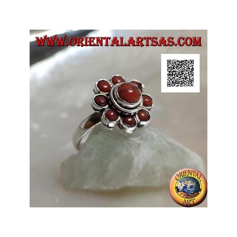 Pequeño anillo de plata en forma de margarita con antiguos corales tibetanos (11)